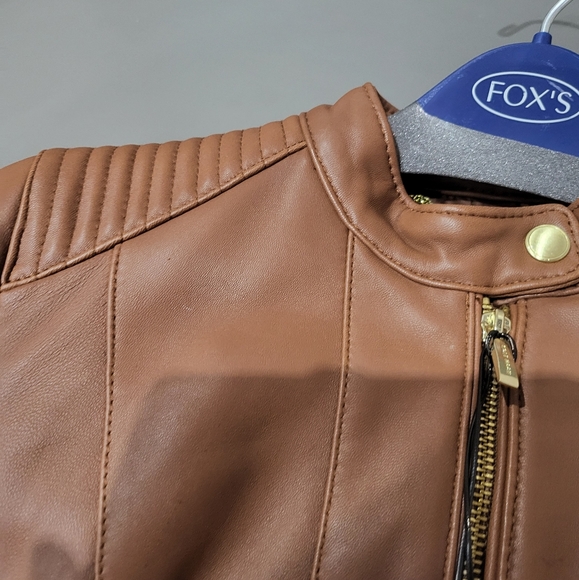 Cole Hann Caramel Brown Leather Moto Jacket Snap Button Neck - Picture 5 of 11